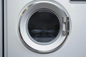 White washing machine door with a round glass window, metal rim, and hinge