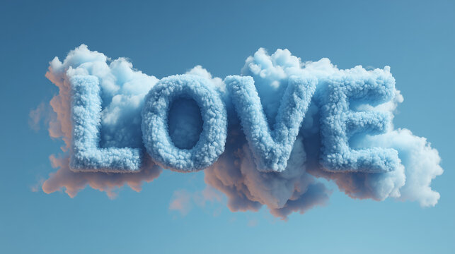 minimal cloud lettering love, 3d cloud text effect love, soft blue puffy cloud typography
