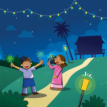 Hari Raya Aidilfitri Eid Mubarak balik Kampung Malay children kid playing firework 