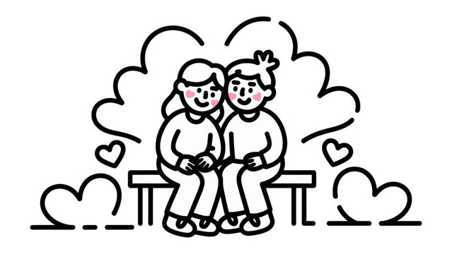 Sweethearts' Embrace: A tender moment of two individuals in love, embraced, seated side-by-side in a simplistic, yet intimate drawing. Surrounded by hearts.