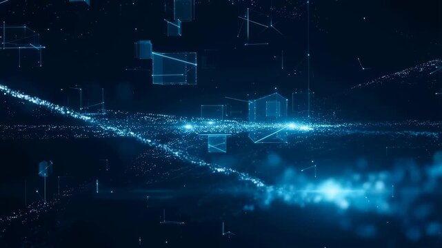 Abstract digital data visualization with glowing particles and geometric shapes. Represents technology, innovation, and data analysis in a futuristic context