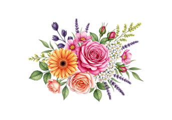 Vibrant Floral Arrangement With Pink Roses Orange Gerbera And Lavender On Black Background