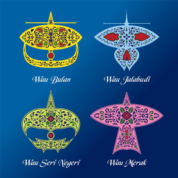 Wau Malaysia Set: Wau Bulan, Wau Jalabudi, Wau Merak, Wau Seri Negeri. Malay Melayu Culture Tradition heritage Malay Moon Kite