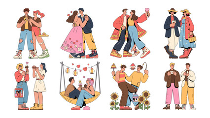 Love in Every Scene: A vibrant collection of illustrations depicting various couples, each moment frozen in the delightful dance of affection and connection. Capturing the spirit of unity, love.