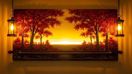 Autumn Landscape Painting with Trees and Sunset Between Lanterns artwork wall art