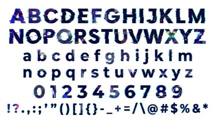 font alphabet in fragmented glitch style from a to z numbers punctuation isolated on white background
