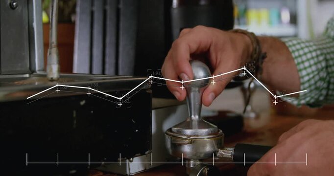 Barista hand pressing stainless?steel tamper into portafilter on espresso machine in 3D render