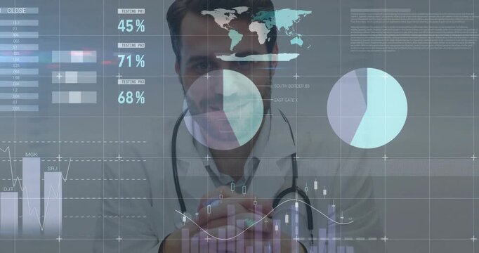 doctor wearing lab coat interacting with clinical dashboard showing world map pie and bar graphs