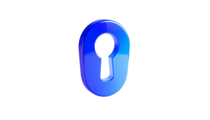 Shiny, blue, 3D lock symbol, keyhole visible, on black background