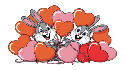 Love's Sweet Bunnies: Two adorable bunnies, surrounded by heart-shaped balloons, share a moment of sweet affection, creating a whimsical scene of love and joy.