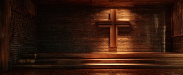 The wooden cross illuminated on a brick wall inside a quiet rustic chapel