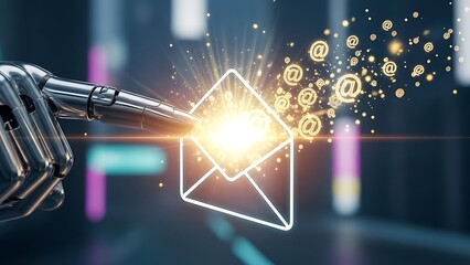 Robot Hand Sending Email with Glowing Envelope and At Symbols technology artificial intelligence