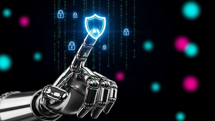 Robotic Hand Touching Digital Security Shield with Binary Code 