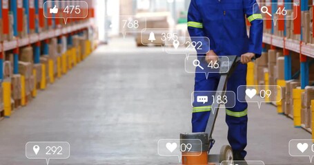 Maintenance worker powering and guiding polisher down warehouse aisle, social media metrics growing - Powered by Adobe
