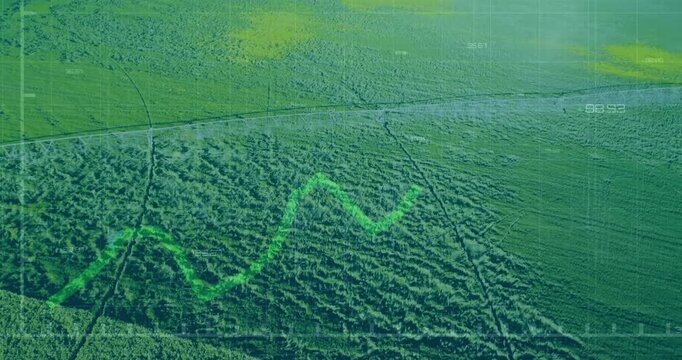 Center pivot irrigation system overlaying green crop field, displaying neon graph and gridlines
