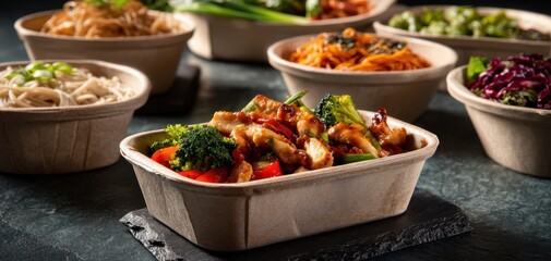 The chicken stir-fry bowl with broccoli and bell peppers in takeout container