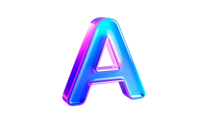 3D rendered, glossy letter "A" in vibrant blue, pink, and purple
