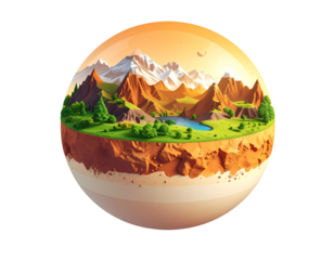 A landscape inside a sphere, showcasing mountains, lake, and earth layers