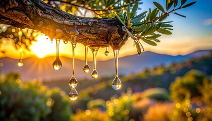 Morning Dew Drops on Tree Branch at Sunrise.