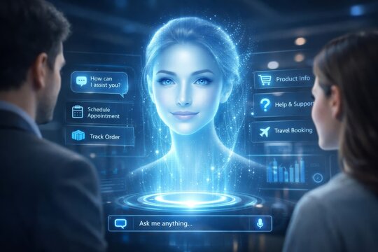 Artificial intelligence chatbot assisting customer through futuristic holographic customer service interface