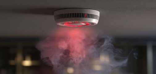 The smoke detector glowing red as smoke triggers alarm in modern interior