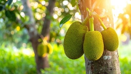 Jackfruit Tree with Ripe Fruits in Tropical Garden.