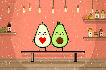 Cute avocado couple with heart standing together in cozy cafe interior with warm lights. Sweet Valentine’s Day illustration for love cards, cafe posters, food blogs, social media and kids design.
