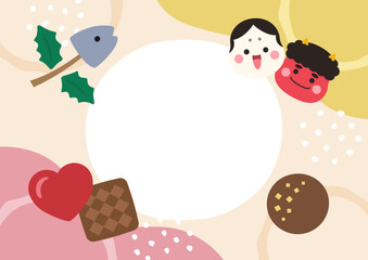 2月の背景イラスト、節分とバレンタインのイラストバナー｜鬼とお多福、チョコレートとハート、コピースペースあり