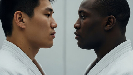 Two men standing face to face in profile view wearing white uniforms. Concept of martial arts, competition, diversity, and equality.