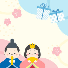 3月のイラスト、ホワイトデーとひなまつりのイラストバナー、お雛様とプレゼント、コピースペースあり