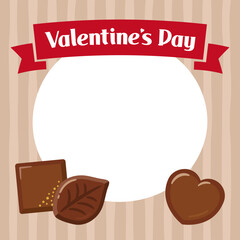 バレンタインバナー、バレンタインチョコレートとリボンフレームの正方形バナー、白い丸フレーム付き