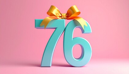 Number 76 wrapped with a festive ribbon. Image for birthday or anniversary party