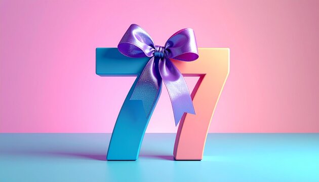 Number 77 wrapped with a festive ribbon. Image for birthday or anniversary party