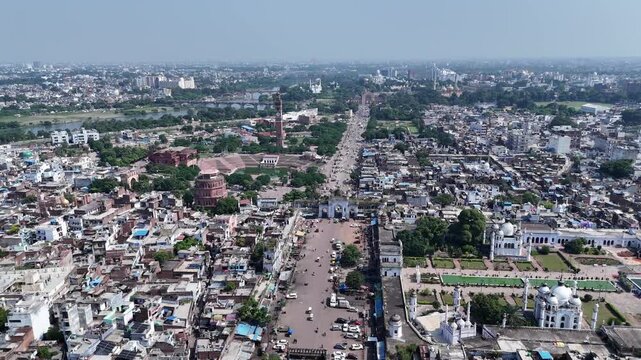 Aerial view of Lucknow city featuring the Clock Tower, Satkhanda, Picture Gallery, Chota Imambara in India