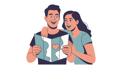 Couple's Travel Plans: A joyful couple gazes at a map, their eyes alight with the thrill of exploration and shared anticipation for adventures ahead. 