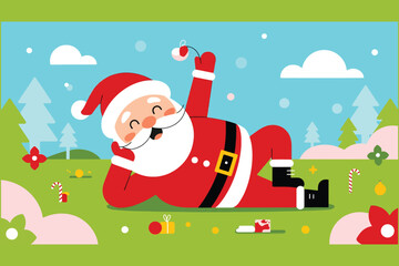 Joyful cartoon Santa Claus lying in a snowy green field with pine trees and candy canes, holding a red ornament under a bright winter sky, festive holiday illustration.