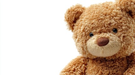 A brown toy bear sits on a plain white background. Its plush texture and round face give it a friendly and inviting appearance. This teddy bear looks soft and comforting.