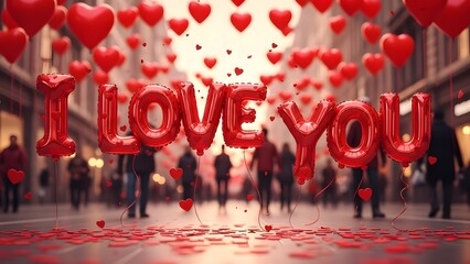 Happy valentine day celebration with red hearts and love messages