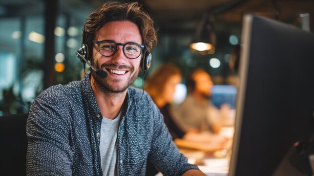 Smiling customer support agent working at computer