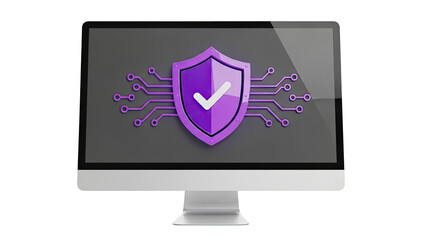 Computer screen displaying a purple shield with a checkmark and circuit board pattern