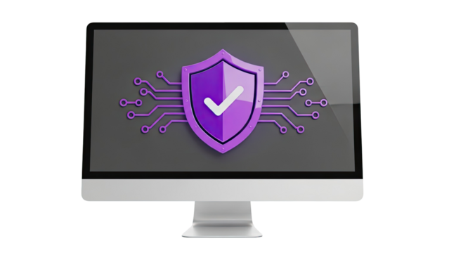 Computer screen displaying a purple shield with a checkmark and circuit board pattern - Powered by Adobe