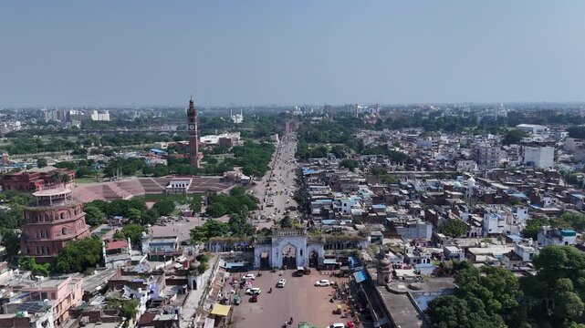 Aerial view of Lucknow city featuring the Clock Tower, Satkhanda, Picture Gallery, Chota Imambara in India