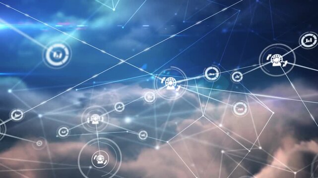 Animation of network of connections with icons over sky with clouds
