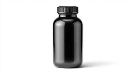 Fototapeta premium A small, dark amber glass bottle with a ribbed black plastic screw-on cap is presented in a studio shot against a clean white backdrop.