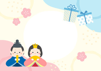 季節のイラスト、春 3月 ホワイトデーとひなまつりのイラストバナー、ひな人形とプレゼント、コピースペースあり