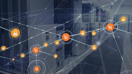 Animation of network of connections with icons over server room - Powered by Adobe