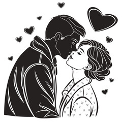 Silhouette of a passionate couple about to share a tender kiss surrounded by floating romantic hearts symbolizing deep affection and everlasting love