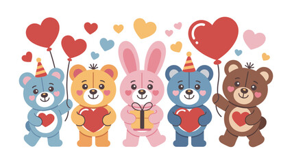 Naklejka premium Teddy Bear Hearts & Balloons: a heartwarming scene of cuddly teddy bears and a bunny, each holding balloons and hearts, perfectly conveying joy and celebration. 