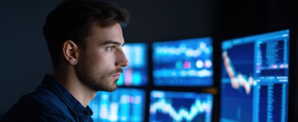 financial analyst examining intricate graphs on several monitors