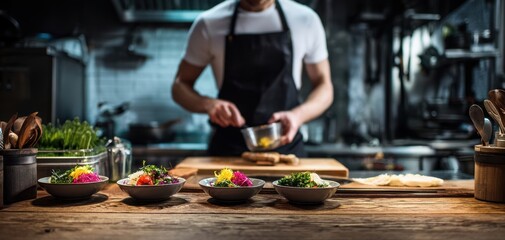 The chef plating colorful gourmet bowls on a wooden counter in professional kitchen